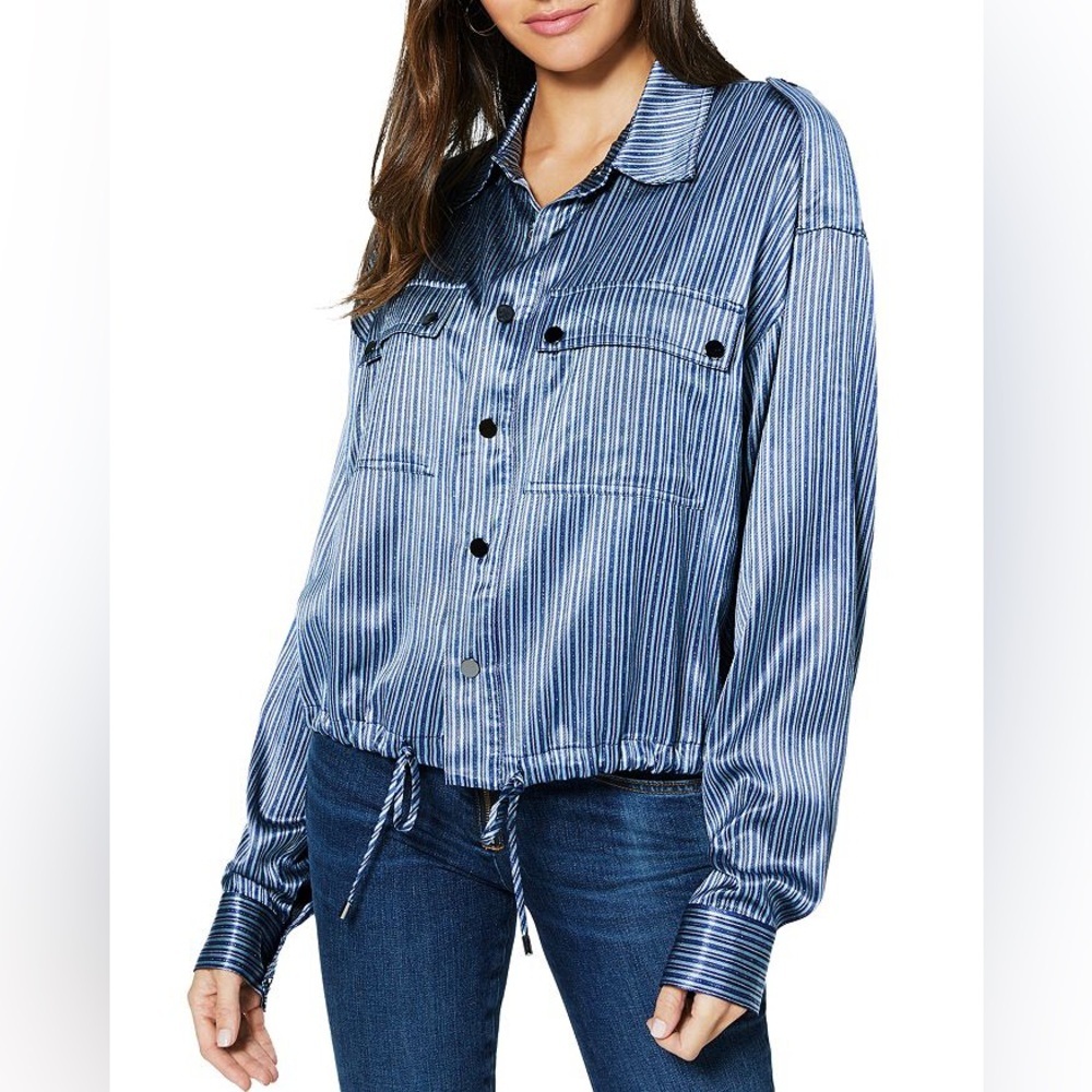 Ramy Brook Lia Bomber Jacket Small Blue w/ Lurex Stripe
